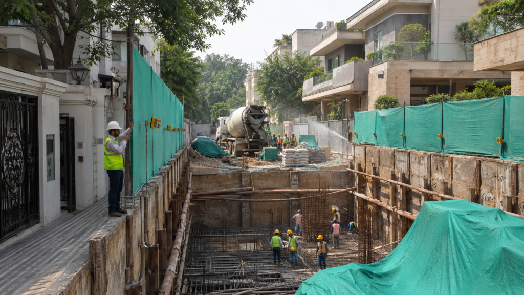 Construction site with workers in safety gear inside a deep excavated trench and a cement mixer truck in the background on a city street fence-lined with green tarps.
