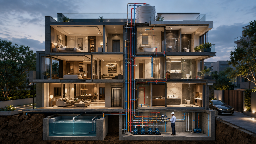 Cross-section of a modern multi-story house with colorful plumbing pipes running through the center; a technician in a hard hat stands by pumps in the basement mechanical room as illuminated rooms appear above.