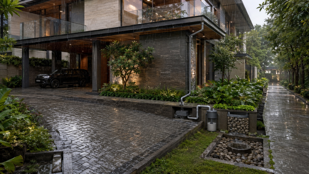 Modern two-story house with a covered driveway, a black SUV, and rain-soaked stone path surrounded by plants in a lush, contemporary setting.