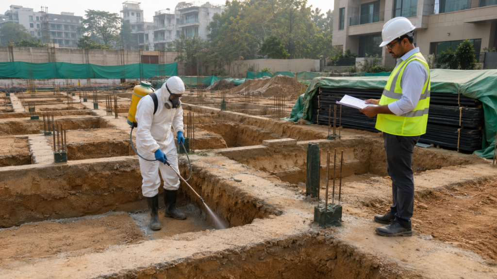 Contractor in a white hazmat suit sprays liquid at a construction site while a supervisor in a yellow safety vest reviews plans nearby.