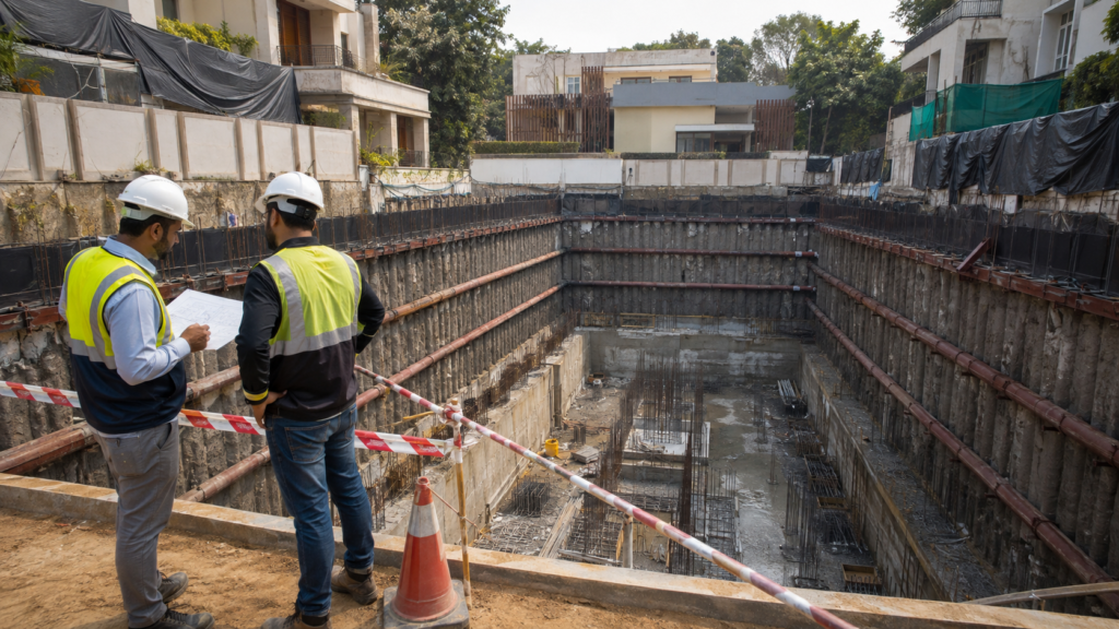 Two construction workers in hard hats and high‑visibility vests review blueprints at the edge of a deep excavation pit.