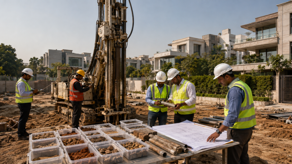 Construction workers in hard hats and reflective vests review soil samples and blueprints at a drill site.