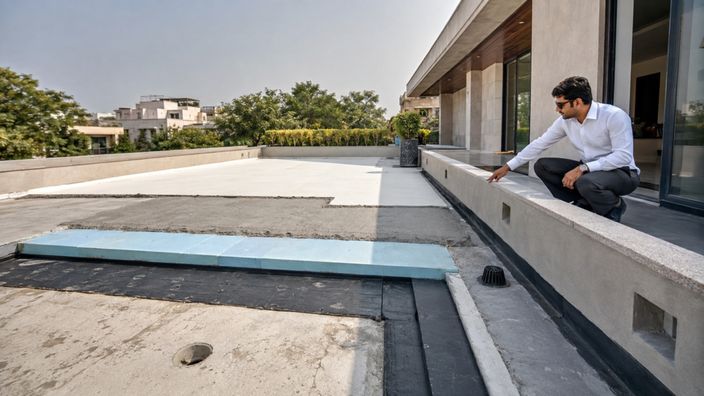 Man in a white shirt crouches at the edge of a rooftop terrace, inspecting the concrete surface beside a modern glass wall building.