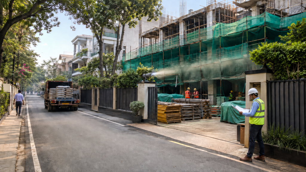Residential street construction scene with scaffolding and green netting, workers in safety gear, and a truck loaded with sacks nearby to the gatekeeper inspecting plans