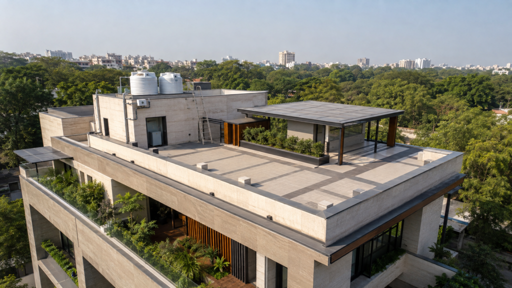 Rooftop terrace of a modern building with greenery, glass walls, and a shaded pavilion overlooking a tree-filled cityscape.