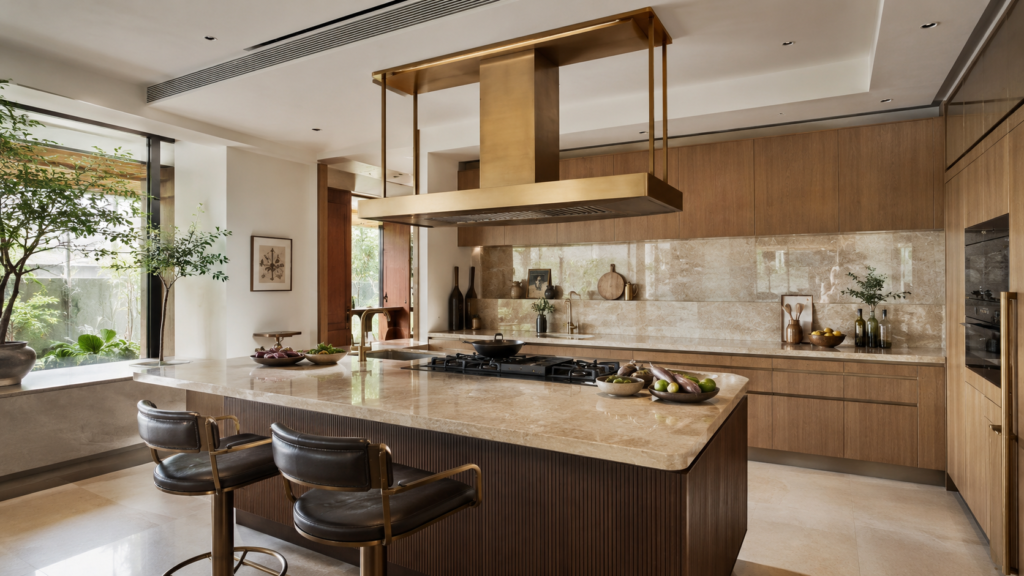 Modern kitchen with a large marble island, brass range hood, and wood cabinetry.