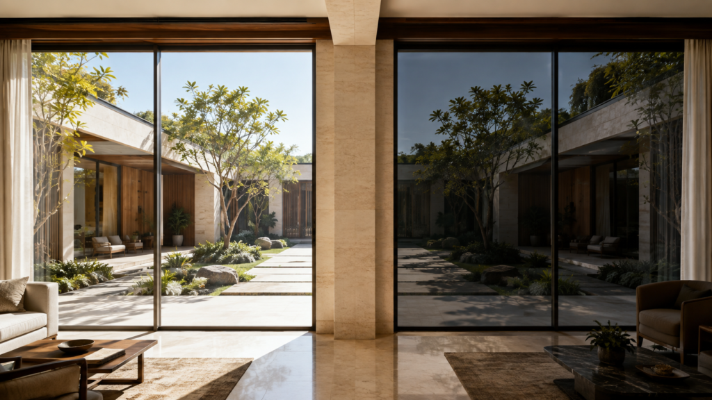 Living room with large glass sliding doors opening to a sunlit courtyard, featuring trees, stepping stones, and greenery.