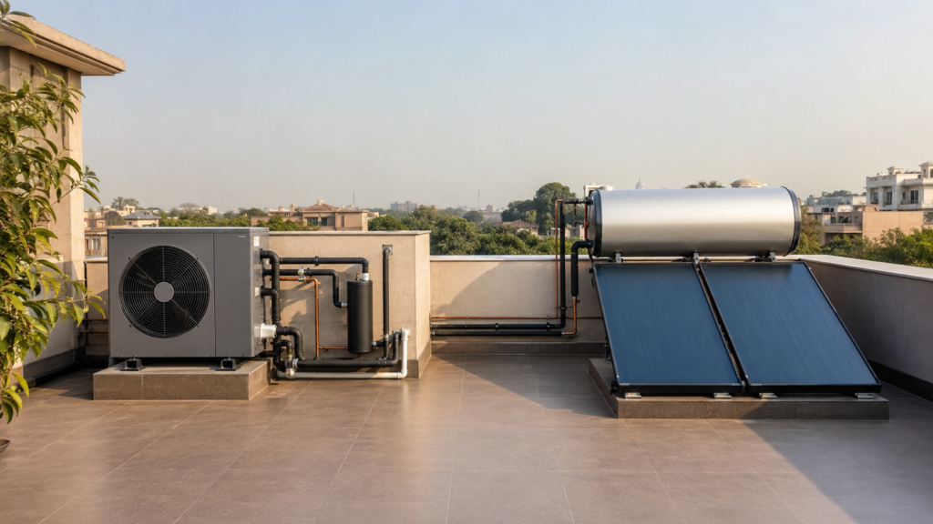 Rooftop solar water heating system with two inclined blue solar collectors and a cylindrical storage tank connected by pipes beside an outdoor air conditioner.
