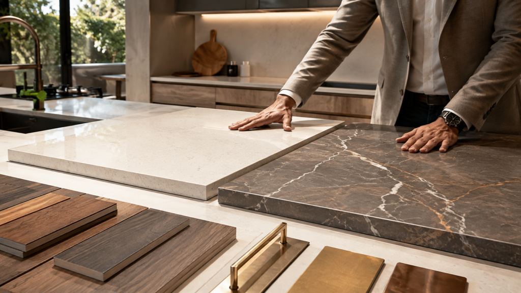 Businessperson in a suit tests light-colored stone slab next to dark marble sample in a showroom kitchen display, with wood swatches nearby.