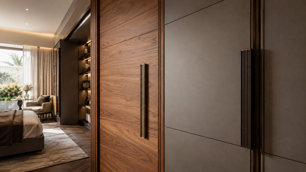 Luxurious hotel bedroom with a wide wooden panel door open to a seating area and balcony garden outside.