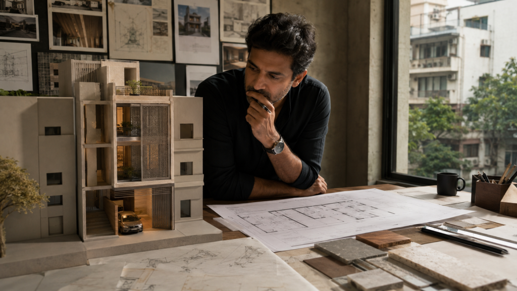 Architect in a black shirt studies a multi‑story concrete building model at a drafting table, resting his chin on his hand over blueprints.