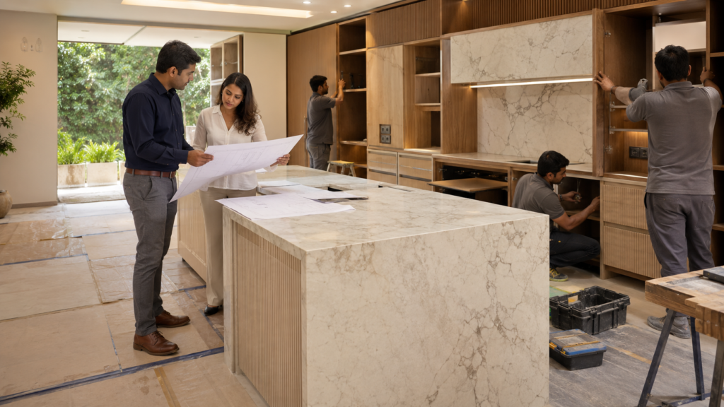 Team of professionals reviews blueprints in a modern marble kitchen showroom while construction workers install cabinets in the background.