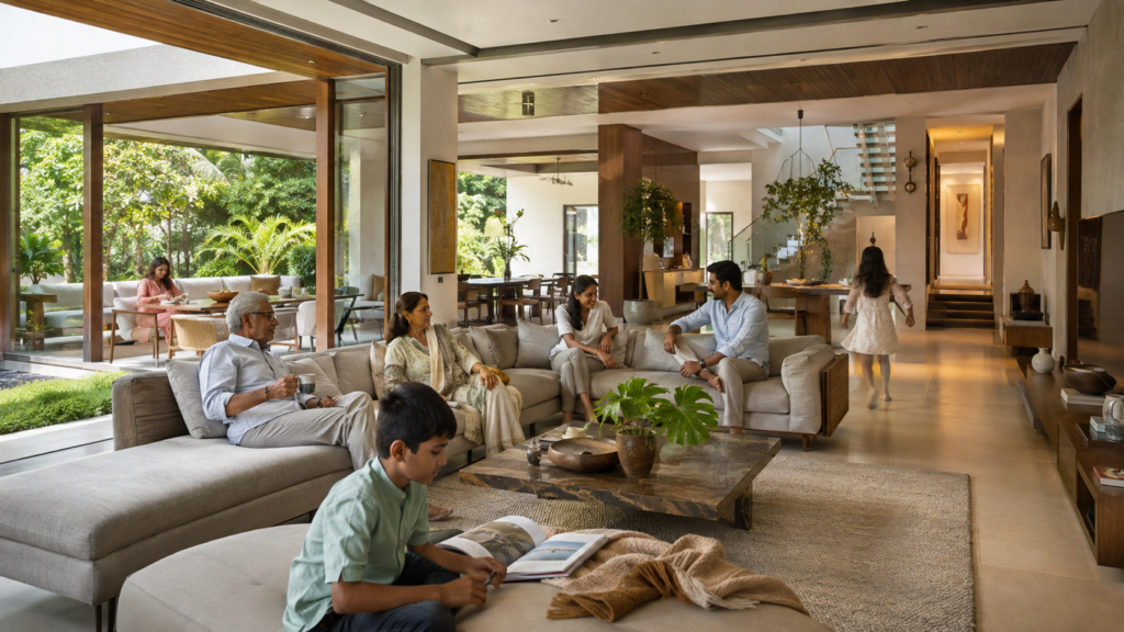 Spacious modern living room with floor-to-ceiling glass doors open to a garden; people sit on a sectional sofa and chat while a child reads a book on the ottoman.
