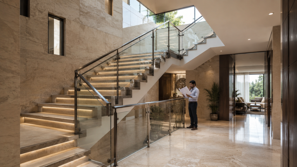 Man in business attire reads documents beside a glass-railed marble staircase in a bright hotel lobby.