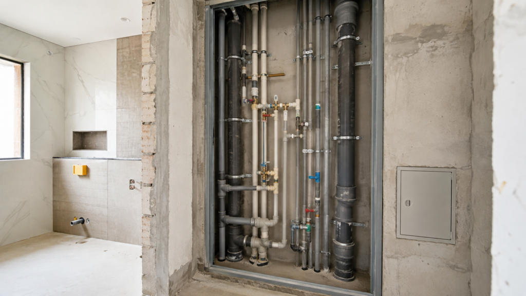Exposed plumbing wall with multiple white and gray pipes and valves inside a framed utility panel area in a construction site bathroom. - or - Cluttered pipework network with valves inside a recessed wall opening in a tiled bathroom under construction.