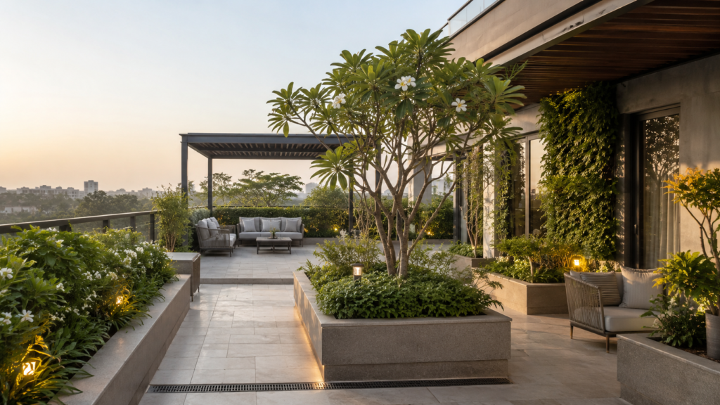 Rooftop terrace with gray stone planters, lush green plants, and comfortable outdoor seating at sunset.