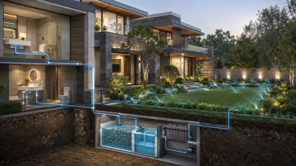 Cross-section of a modern home’s plumbing: underground water storage tanks feeding the garden sprinkler system in a landscaped yard.