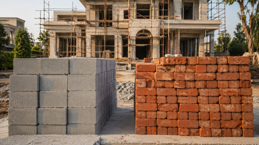 Stacks of gray concrete blocks and red bricks in the foreground of a construction site, with an unfinished building and scaffolding in the background.