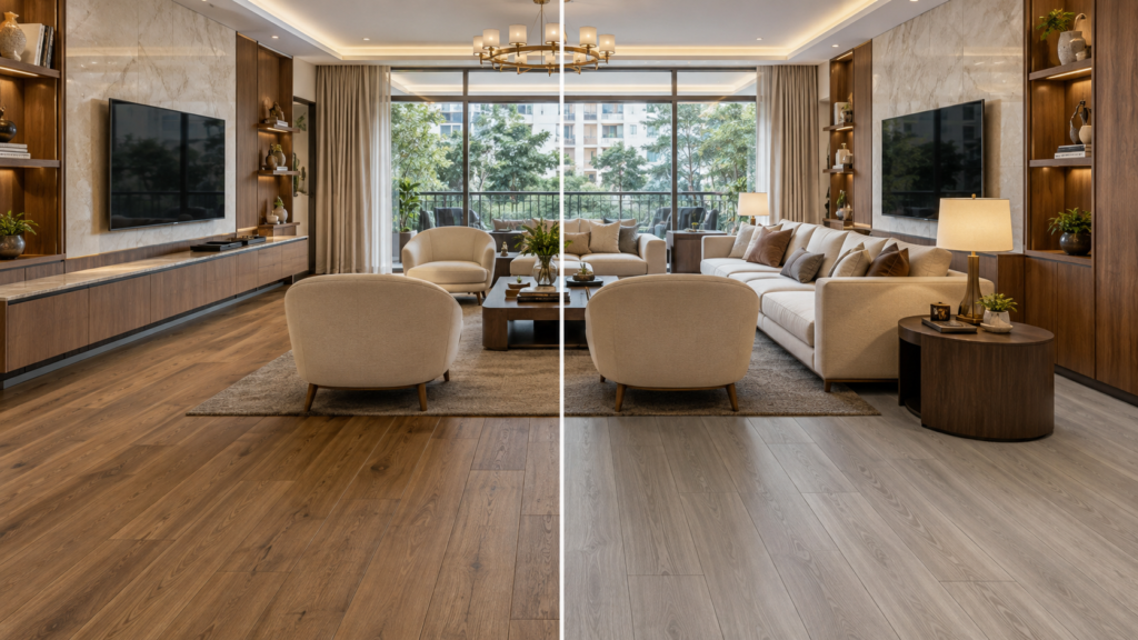 Spacious contemporary living room with beige sofas and chairs facing a large wall-mounted TV, wooden shelves, and a balcony view through floor-to-ceiling windows.