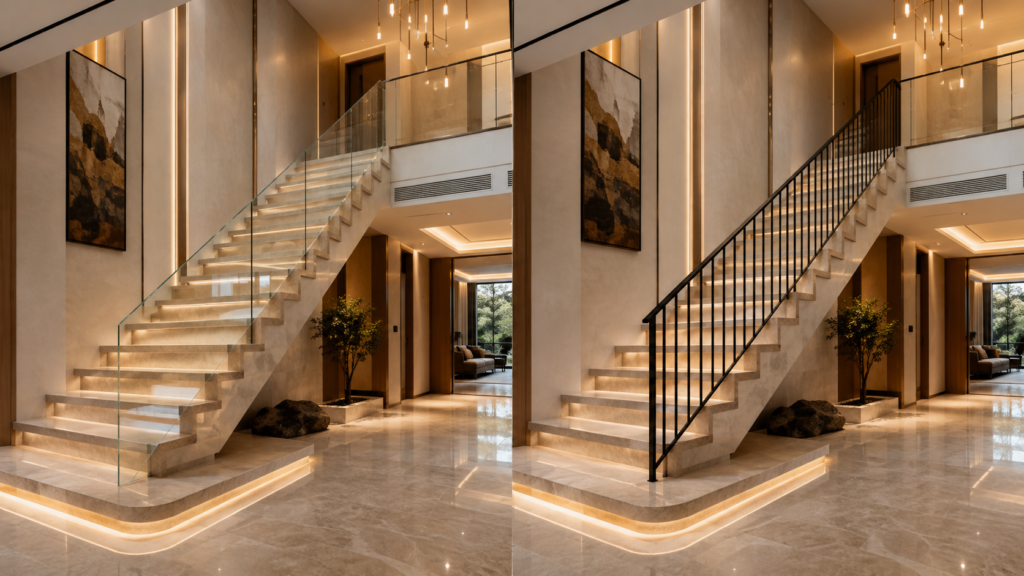 Elegant hotel lobby with two grand staircases—glass railing on the left and black metal railing on the right—glossy marble floor and warm ambient lighting.