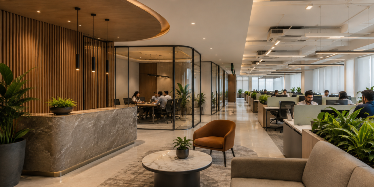 Open-plan office with a marble reception desk, wood slat wall, and glass-walled meeting rooms; plants and workstations in the background.