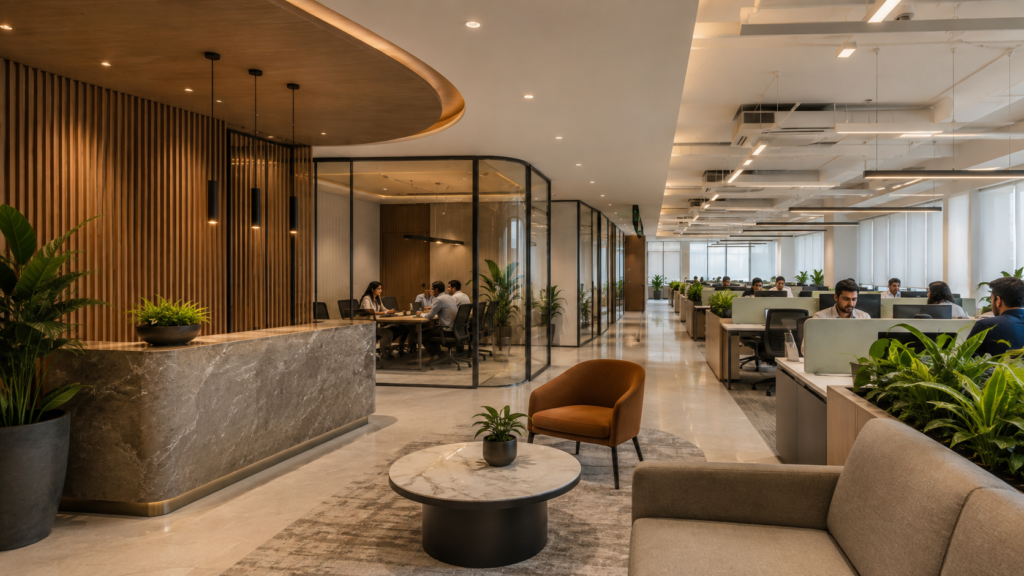 Open-plan office lobby with a marble reception desk on the left, glass-walled meeting rooms, and a seating area with a round marble coffee table and orange chair in the foreground.