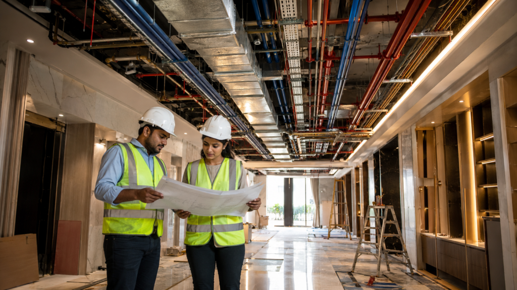 Two construction workers in hard hats and high-visibility vests review blueprints in a hallway under construction with exposed pipes and wiring.