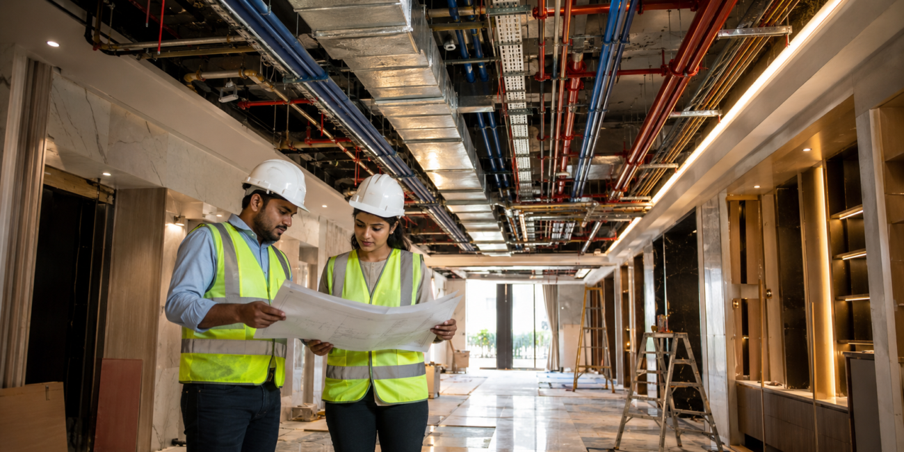 Two construction workers in hard hats and high-visibility vests review blueprints in a hallway under construction with exposed pipes and wiring.