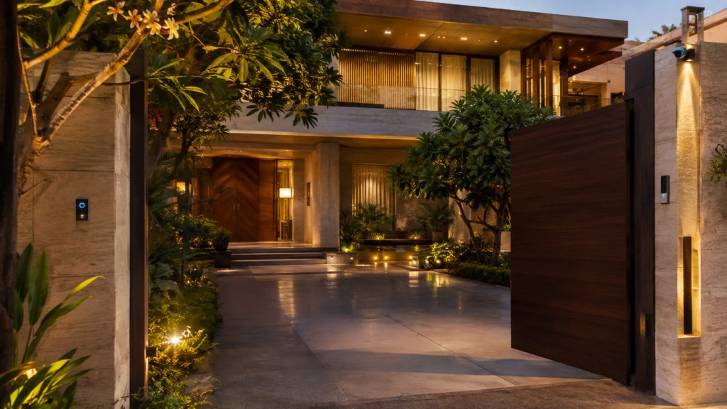 Luxurious modern house entrance with a large wooden gate open, a lit path, and tropical landscaping at dusk.