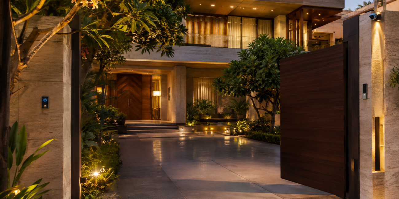 Luxurious modern house entrance with a large wooden gate open, a lit path, and tropical landscaping at dusk.