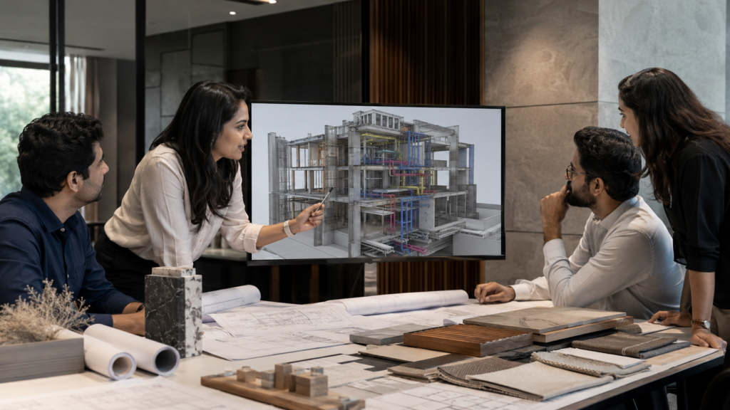 Team of four architects discussing a multi-story building model on a monitor, with blueprints and samples on the table.