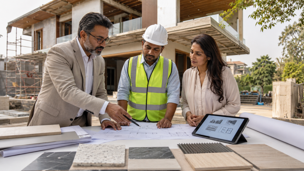 Three professionals review blueprints on a construction site; a suited man points at plans while a worker in a hard hat and safety vest and a woman observe nearby.