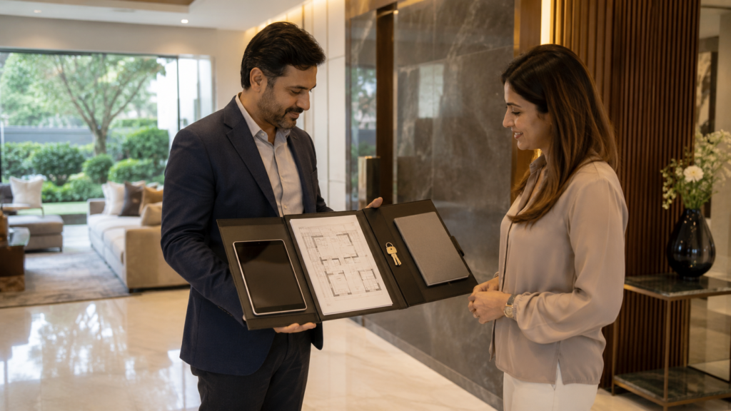 Man in a navy blazer presents a black binder with a floor plan to a smiling woman in a modern hotel lobby, which also contains a tablet and a set of keys inside the folder.