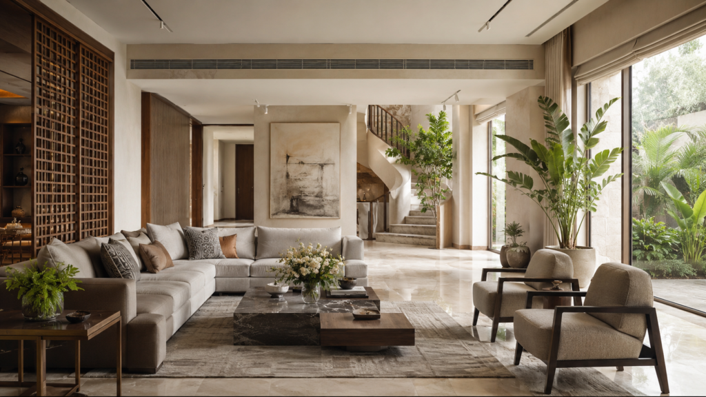 Luxurious living room with light-gray sectional, marble coffee table, and large plants by floor-to-ceiling windows