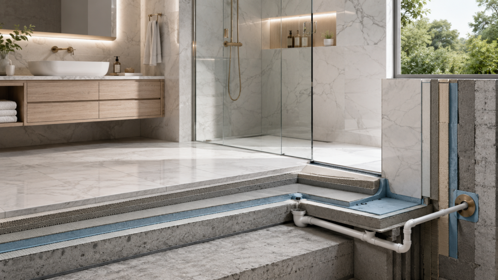 Cross‑section view of a luxurious bathroom showing marble tiles, a glass shower, and a wooden vanity with towels, plus exposed construction layers and plumbing.