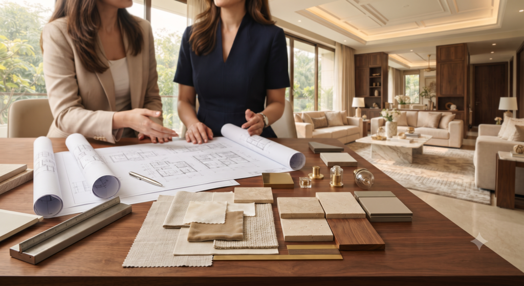 Two designers review blueprints and fabric swatches on a wooden table in a bright, modern living room.